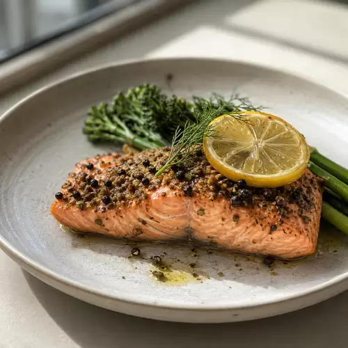 Salmon Panggang dengan Krusta Juniper dan Lemon